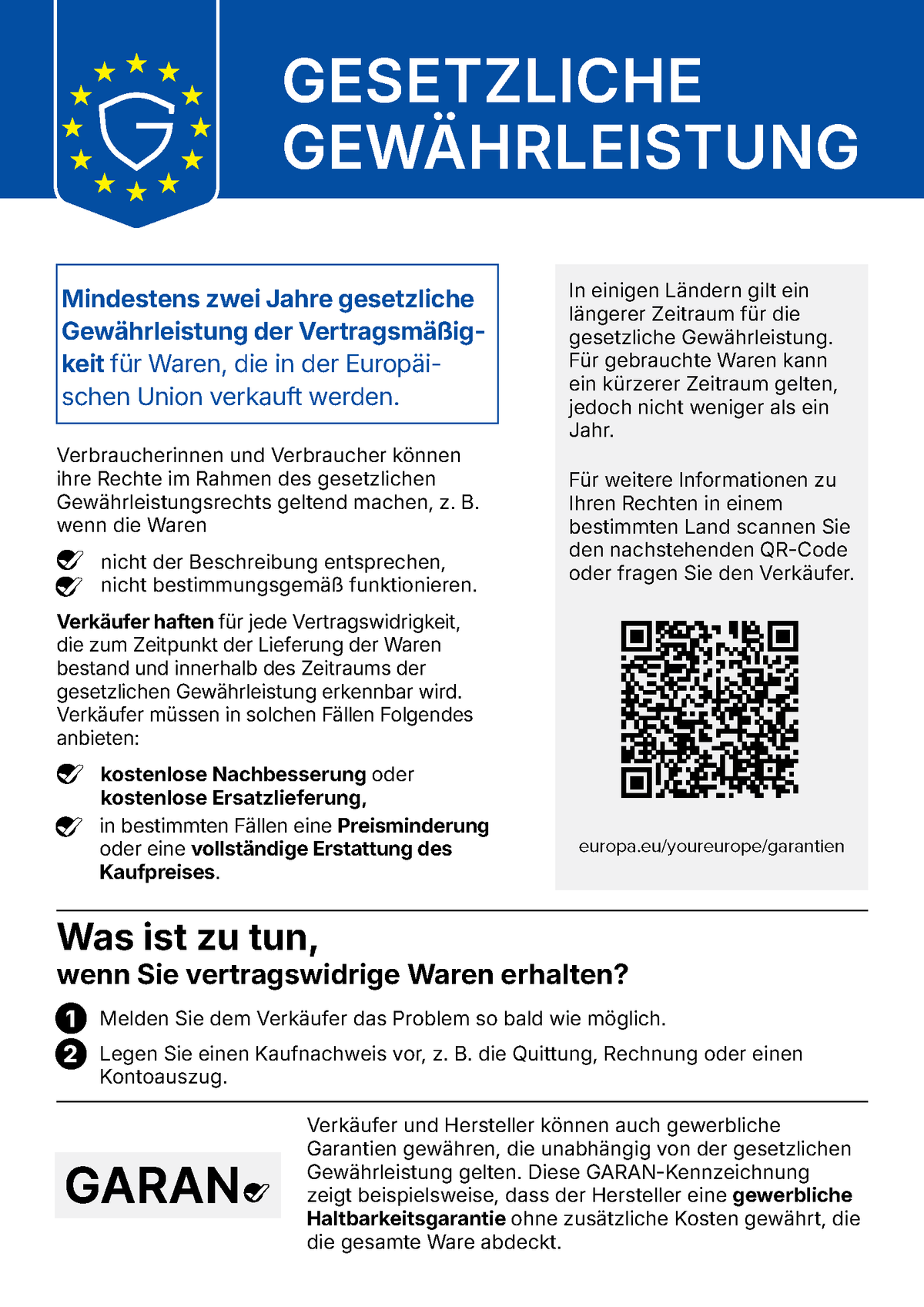 EU-Hinweis: Gesetzliche Gewährleistung von mindestens zwei Jahren